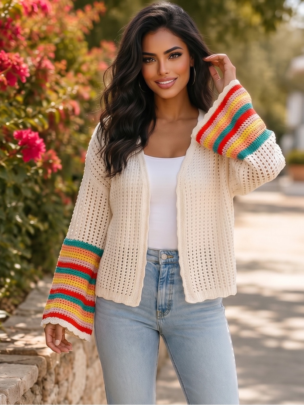 🌟B713. Boho Chic Cream Open-Knit Cardigan with Rainbow Stripe Bell Sleeves